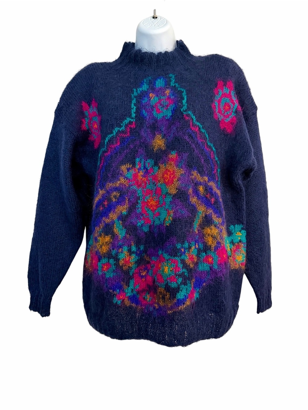 Vintage Navy Purple Floral Mohair Wool Blend Sweater Size Small Mock Turtleneck